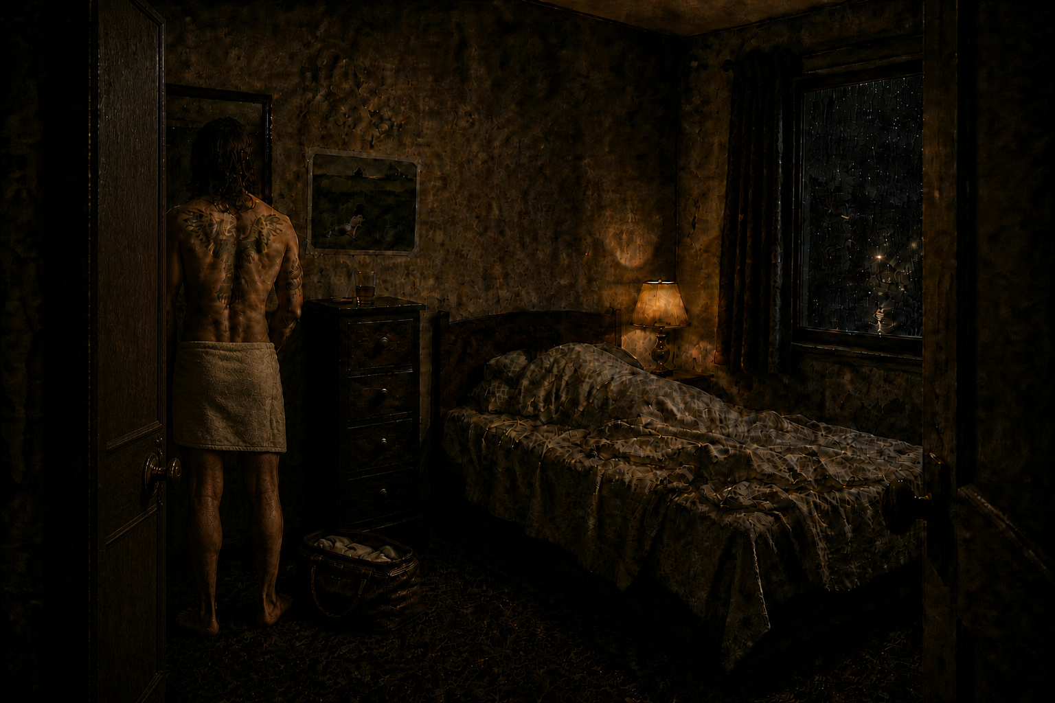 Long-haired, tattooed Wolfgang Taco stands before a motel-room mirror with a small towel around his waist and a slightly open Gladstone bag containing folded cloth napkins resting on the carpet at his feet, while another man sleeps and rain falls beyond a fifth-floor window.