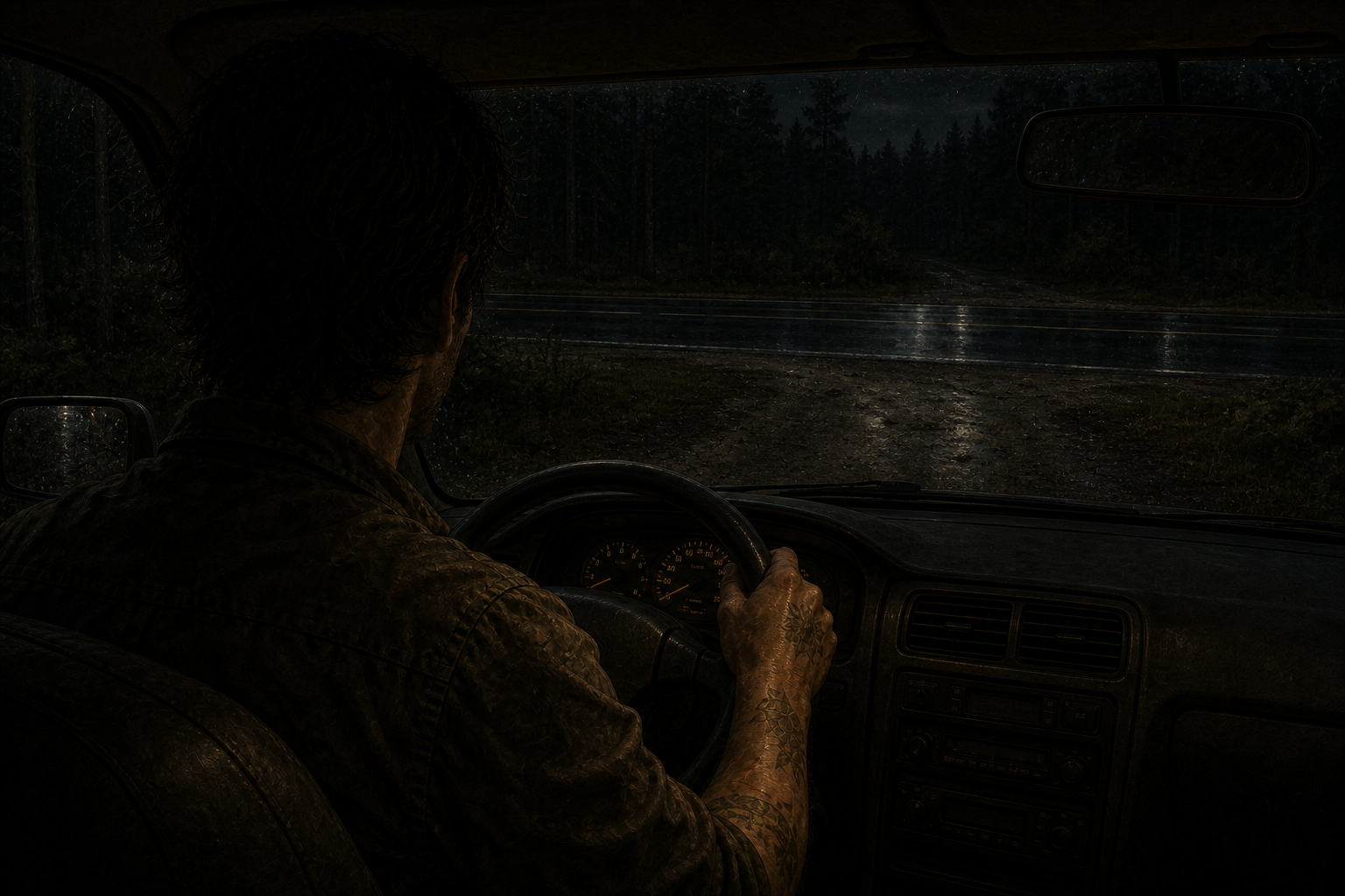 Seen mostly from behind, Wolfgang Taco waits on a gravel side road before pulling onto a wet paved road at night.