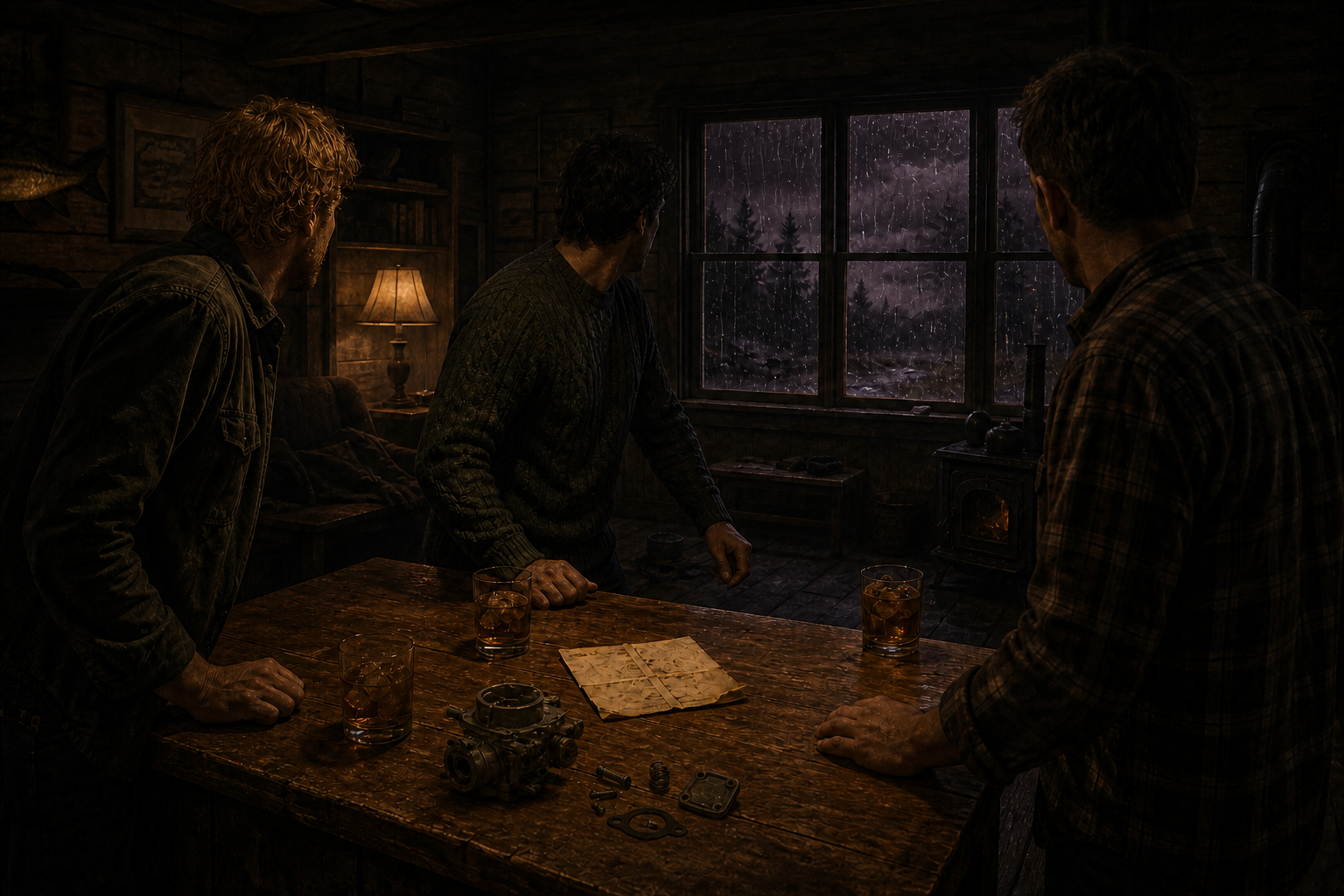 A strawberry-blond man and two dark-haired friends turn from whiskey glasses, a folded note, and a disassembled carburetor toward the storm-dark cabin window.