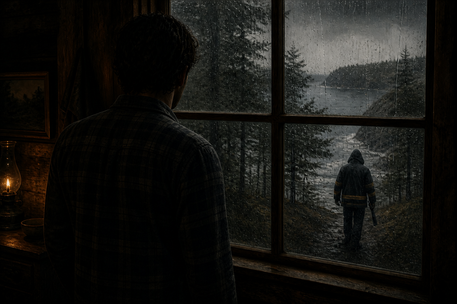 From inside the rainy cabin, Erich watches a large hooded man carry a long object down the hill toward the cove.